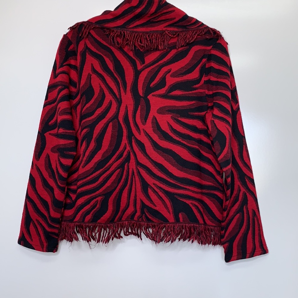 Chicos Red Black Zebra Pattern Fringe Open Cardi - image 6